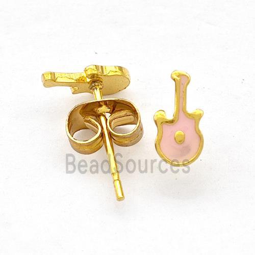 Stainless Steel Guitar Stud Earring Pink Enamel Gold Plated