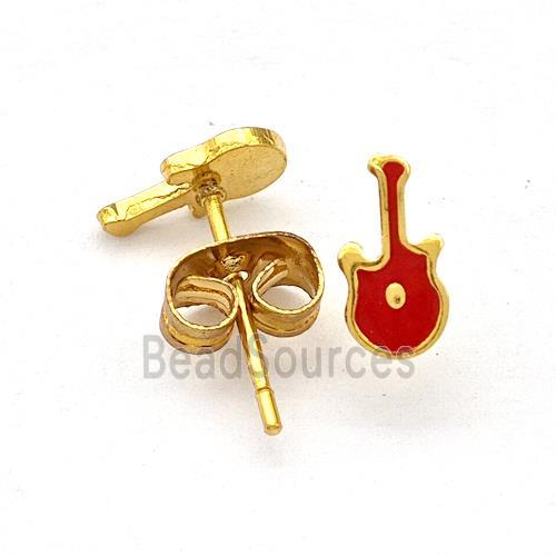 Stainless Steel Guitar Stud Earring Red Enamel Gold Plated