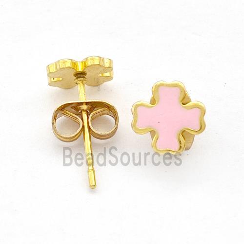 Stainless Steel Cross Stud Earring Pink Enamel Gold Plated