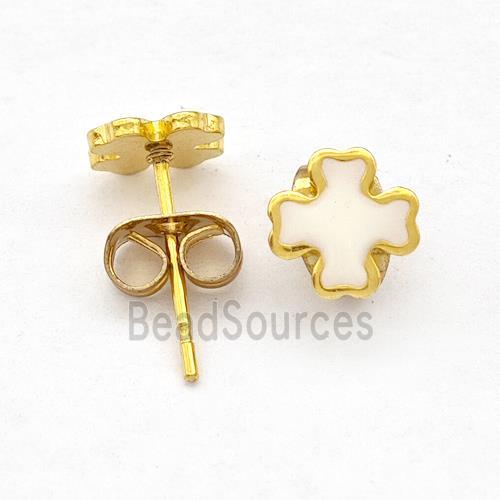 Stainless Steel Cross Stud Earring White Enamel Gold Plated