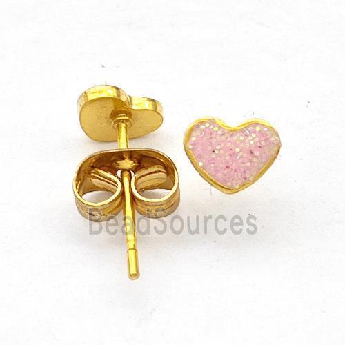 Stainless Steel Heart Stud Earring Pave Pink Fire Opal Gold Plated