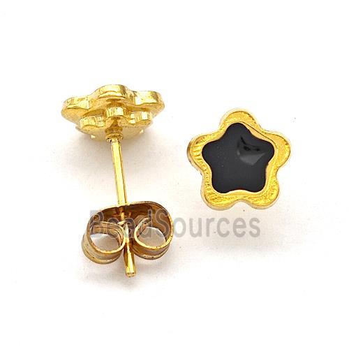 Stainless Steel Flower Stud Earring Black Enamel Gold Plated