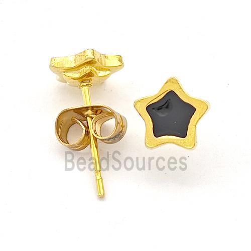 Stainless Steel Star Stud Earring Black Enamel Gold Plated