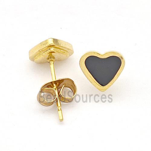 Stainless Steel Heart Stud Earring Black Enamel Gold Plated