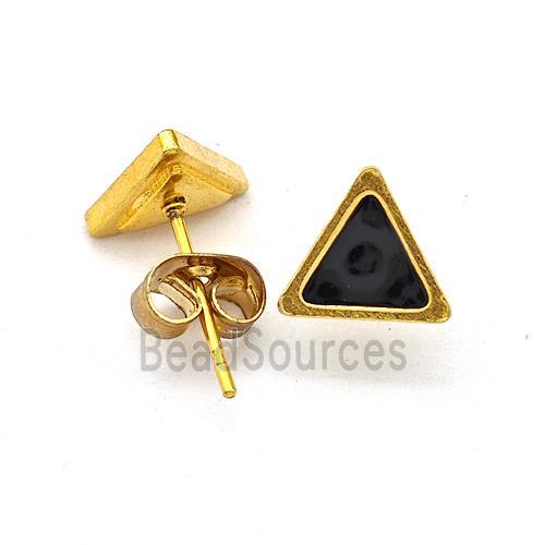 Stainless Steel Triangle Stud Earring Black Enamel Gold Plated