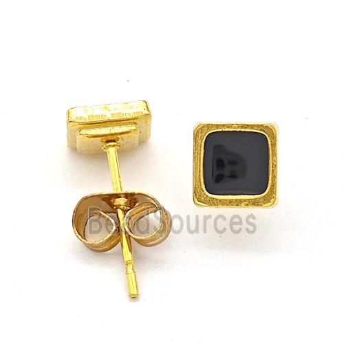 Stainless Steel Square Stud Earring Black Enamel Gold Plated