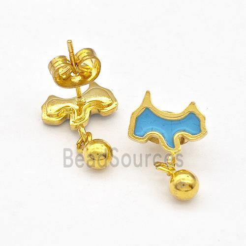 Stainless Steel Dog Stud Earring Teal Enamel Gold Plated