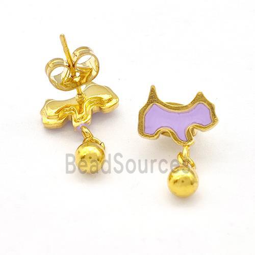 Stainless Steel Dog Stud Earring Lavender Enamel Gold Plated