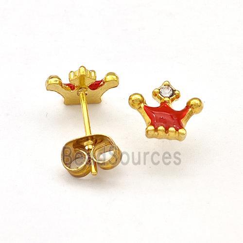 Stainless Steel Crown Stud Earring Red Enamel Gold Plated