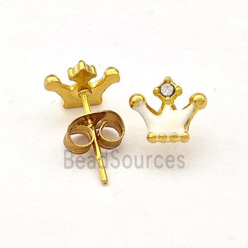 Stainless Steel Crown Stud Earring White Enamel Gold Plated