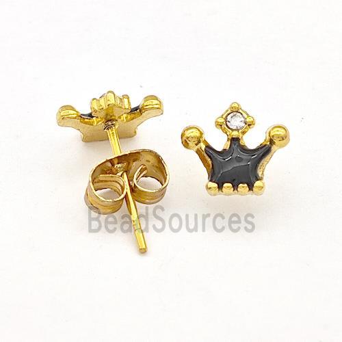 Stainless Steel Crown Stud Earring Black Enamel Gold Plated