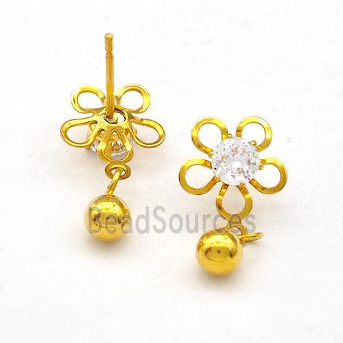 Stainless Steel Flower Stud Earring Rhinestone Gold Plated