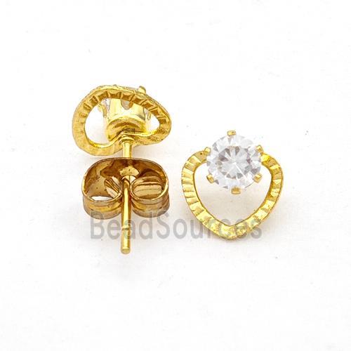 Stainless Steel Heart Stud Earring Pave Rhinestone Gold Plated