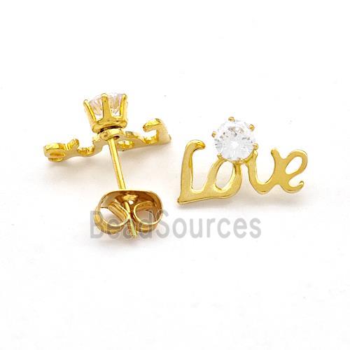 Stainless Steel Love Stud Earring Pave Rhinestone Gold Plated