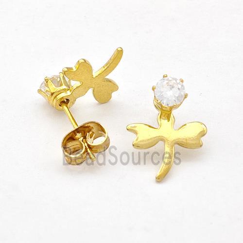 Stainless Steel Dragonfly Stud Earring Pave Rhinestone Gold Plated