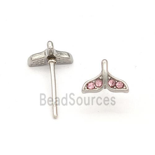 Raw Stainless Steel Stud Earring Pave Pink Rhinestone Shark-tail