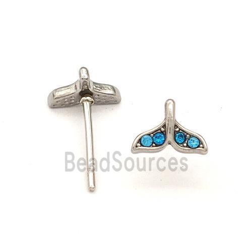 Raw Stainless Steel Stud Earring Pave Blue Rhinestone Shark-tail