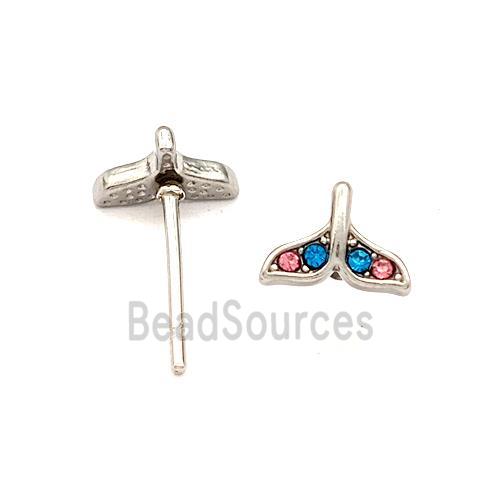 Raw Stainless Steel Stud Earring Pave Rhinestone Shark-tail