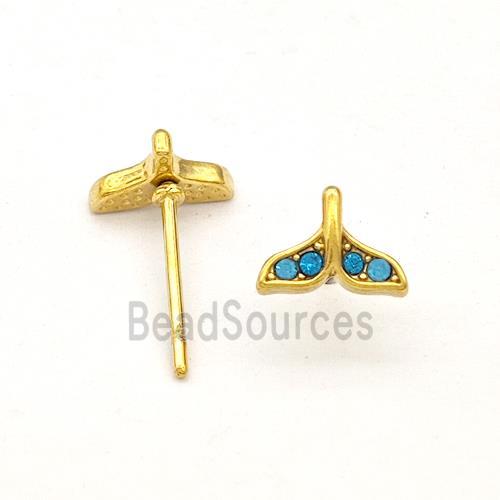 Stainless Steel Stud Earring Pave Blue Rhinestone Shark-tail Gold Plated