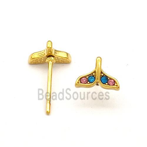 Stainless Steel Stud Earring Pave Rhinestone Shark-tail Gold Plated