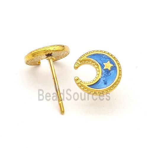 Stainless Steel Moon Star Stud Earring Blue Enamel Gold Plated