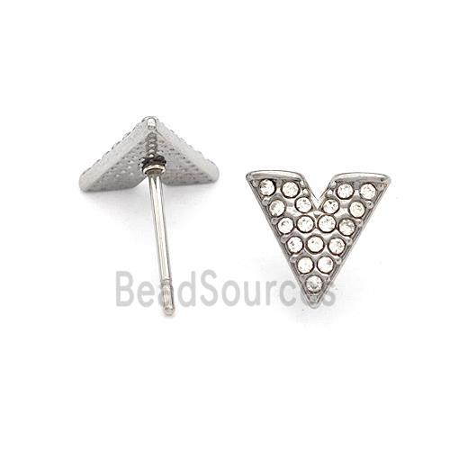 Raw Stainless Steel Stud Earring Pave Rhinestone V-Shape