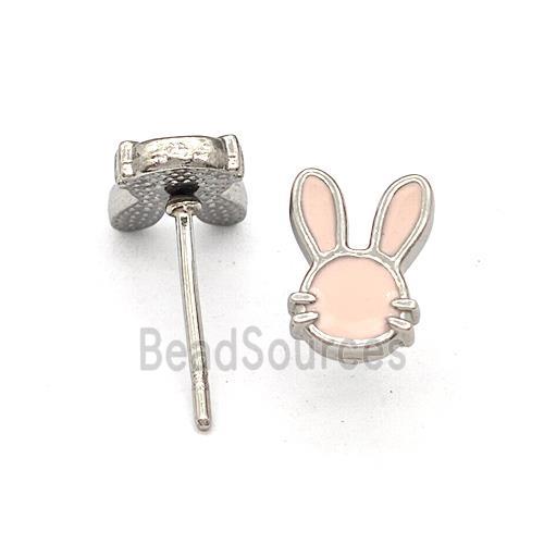 Raw Stainless Steel Rabbit Stud Earring Pink Enamel