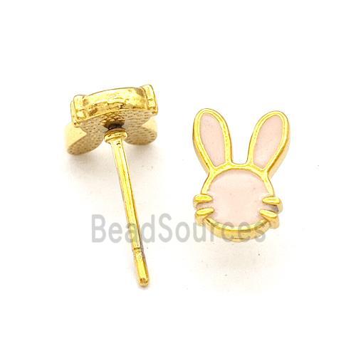 Stainless Steel Rabbit Stud Earring Pink Enamel Gold Plated