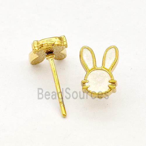 Stainless Steel Rabbit Stud Earring White Enamel Gold Plated