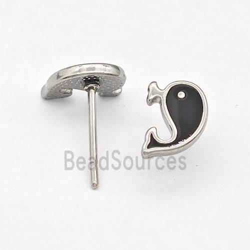 Raw Stainless Steel Dolphin Stud Earring Black Enamel