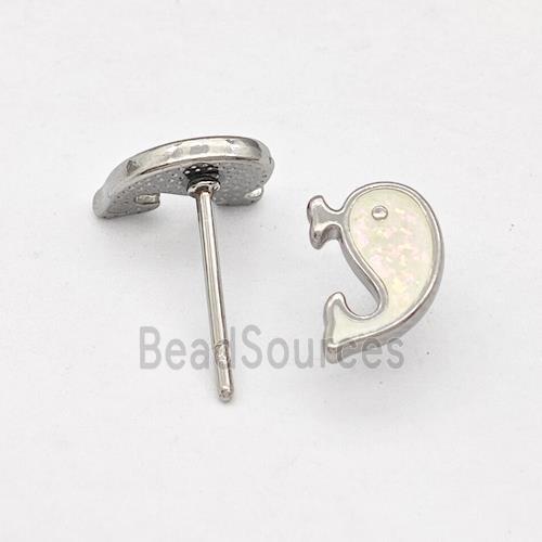 Raw Stainless Steel Dolphin Stud Earring White Enamel