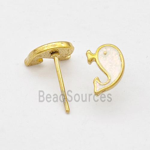 Stainless Steel Dolphin Stud Earring White Enamel Gold Plated