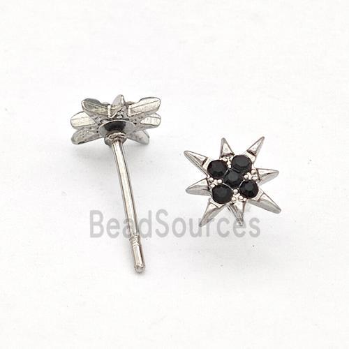 Raw Stainless Steel NorthStar Stud Earring Pave Black Rhinestone