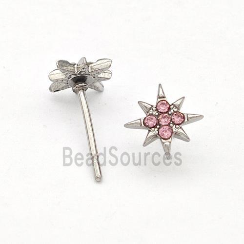 Raw Stainless Steel NorthStar Stud Earring Pave Pink Rhinestone