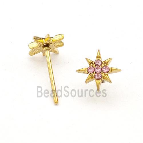 Stainless Steel NorthStar Stud Earring Pave Pink Rhinestone Gold Plated