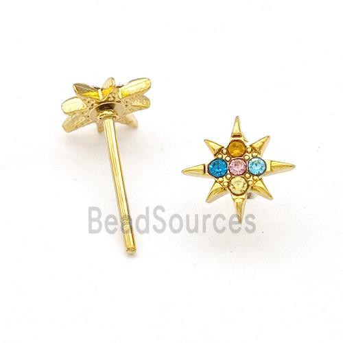 Stainless Steel NorthStar Stud Earring Pave Multicolor Rhinestone Gold Plated