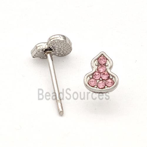 Raw Stainless Steel Gourd Stud Earring Pave Pink Rhinestone