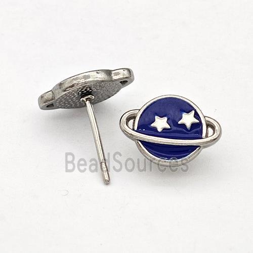 Raw Stainless Steel Planet Stud Earring DarkBlue Enamel