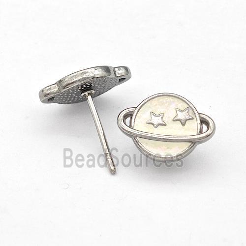 Raw Stainless Steel Planet Stud Earring White Enamel