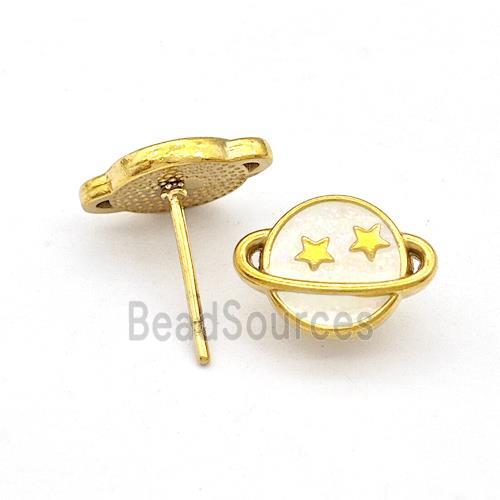 Stainless Steel Planet Stud Earring White Enamel Gold Plated