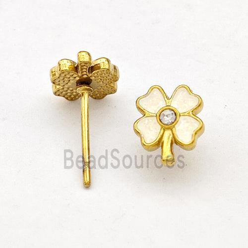 Stainless Steel Clover Stud Earring White Enamel Gold Plated