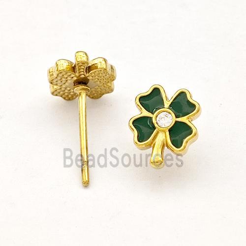 Stainless Steel Clover Stud Earring Green Enamel Gold Plated