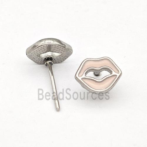 Raw Stainless Steel Lip Stud Earring Pink Enamel