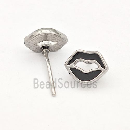 Raw Stainless Steel Lip Stud Earring Black Enamel