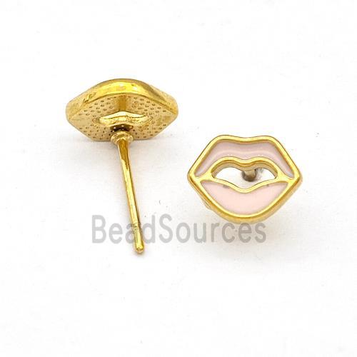 Stainless Steel Lip Stud Earring Pink Enamel Gold Plated