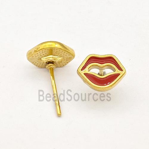 Stainless Steel Lip Stud Earring Red Enamel Gold Plated