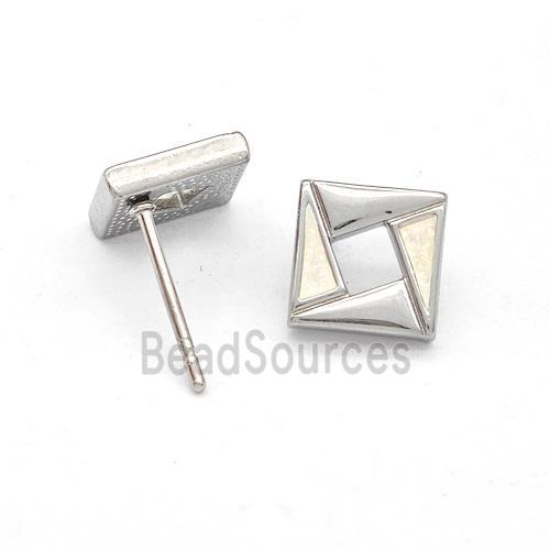 Raw Stainless Steel Square Stud Earring White Enamel