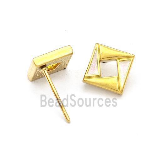 Stainless Steel Square Stud Earring White Enamel Gold Plated