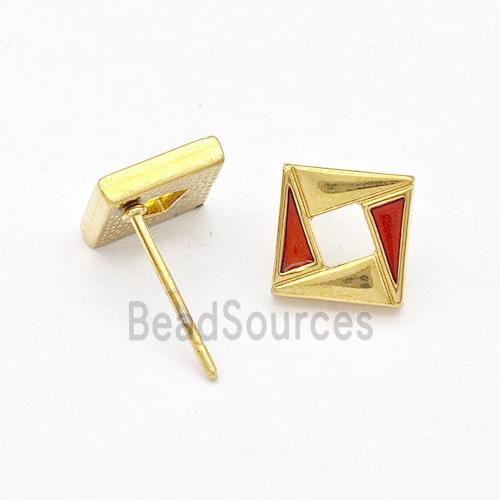 Stainless Steel Square Stud Earring Red Enamel Gold Plated