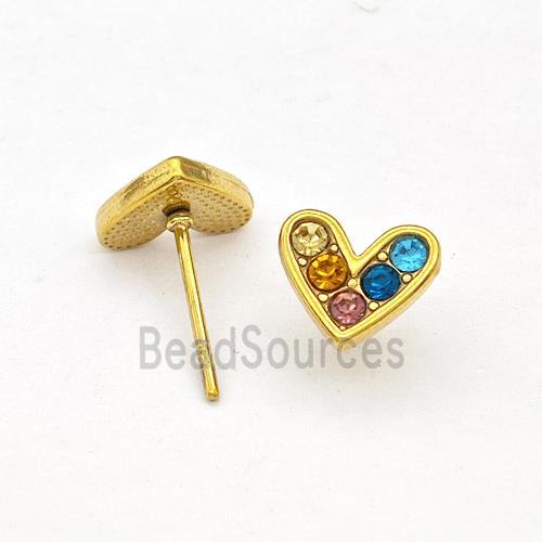 Stainless Steel Hear Stud Earrings Pave Multicolor Rhinestone Gold Plated